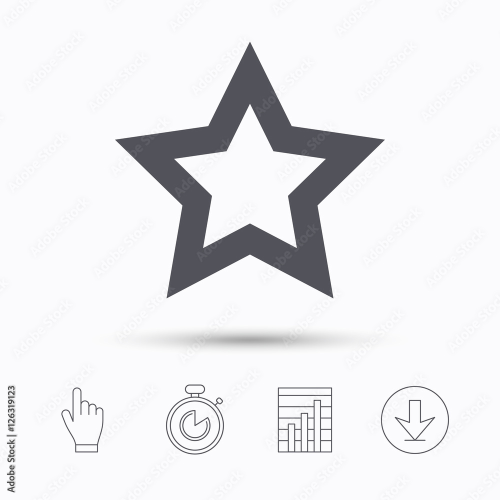 Star icon. Favorite or best sign. Web ranking symbol. Stopwatch timer. Hand click, report chart and download arrow. Linear icons. Vector Star icon. Favorite or best sign. Web ranking symbol. Stopwatch timer. Hand click, report chart and download arrow. Linear icons. Vector