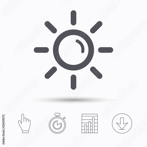 Sun icon. Sunny weather symbol. Stopwatch timer. Hand click, report chart and download arrow. Linear icons. Vector