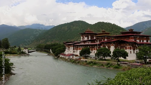 Bhutan Punakha Dzong fortress building, near a river as a beautiful sight