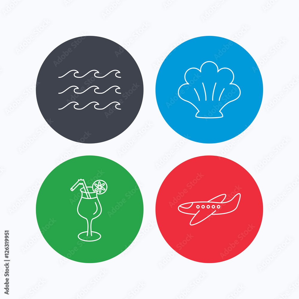 Shell, waves and cocktail icons. Airplane linear sign. Linear icons on colored buttons. Flat web symbols. Vector
