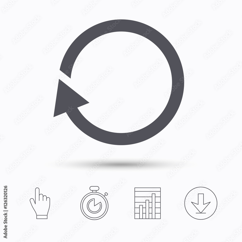 Update icon. Refresh or repeat symbol. Stopwatch timer. Hand click, report chart and download arrow. Linear icons. Vector Update icon. Refresh or repeat symbol. Stopwatch timer. Hand click, report chart and download arrow. Linear icons. Vector