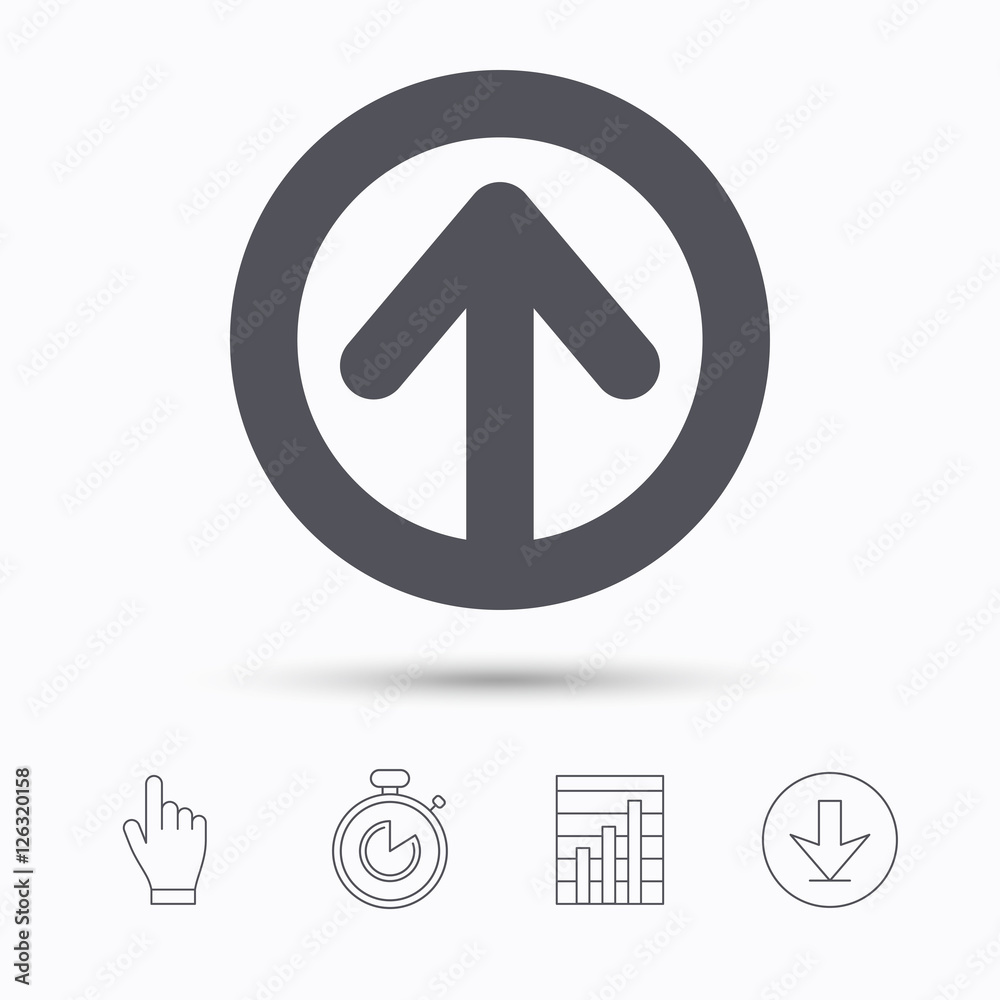 Upload icon. Load internet data symbol. Stopwatch timer. Hand click, report chart and download arrow. Linear icons. Vector Upload icon. Load internet data symbol. Stopwatch timer. Hand click, report chart and download arrow. Linear icons. Vector
