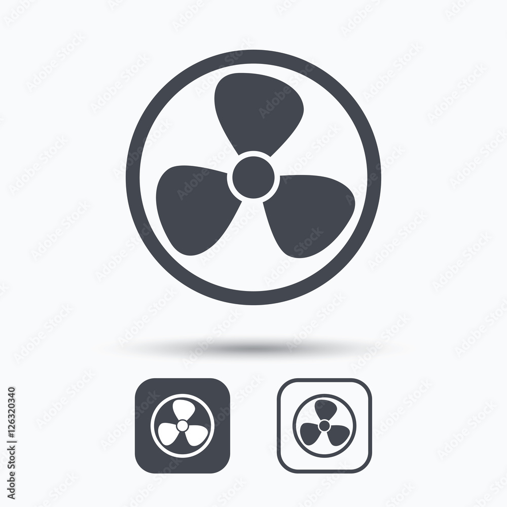 Ventilation icon. Air ventilator or fan symbol. Square buttons with flat web icon on white background. Vector Ventilation icon. Air ventilator or fan symbol. Square buttons with flat web icon on white background. Vector