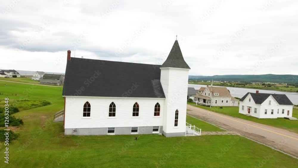 Aerial shot of a beautiful church in Margaree Harbour Cape Breton Aerial shot of a beautiful church in Margaree Harbour Cape Breton