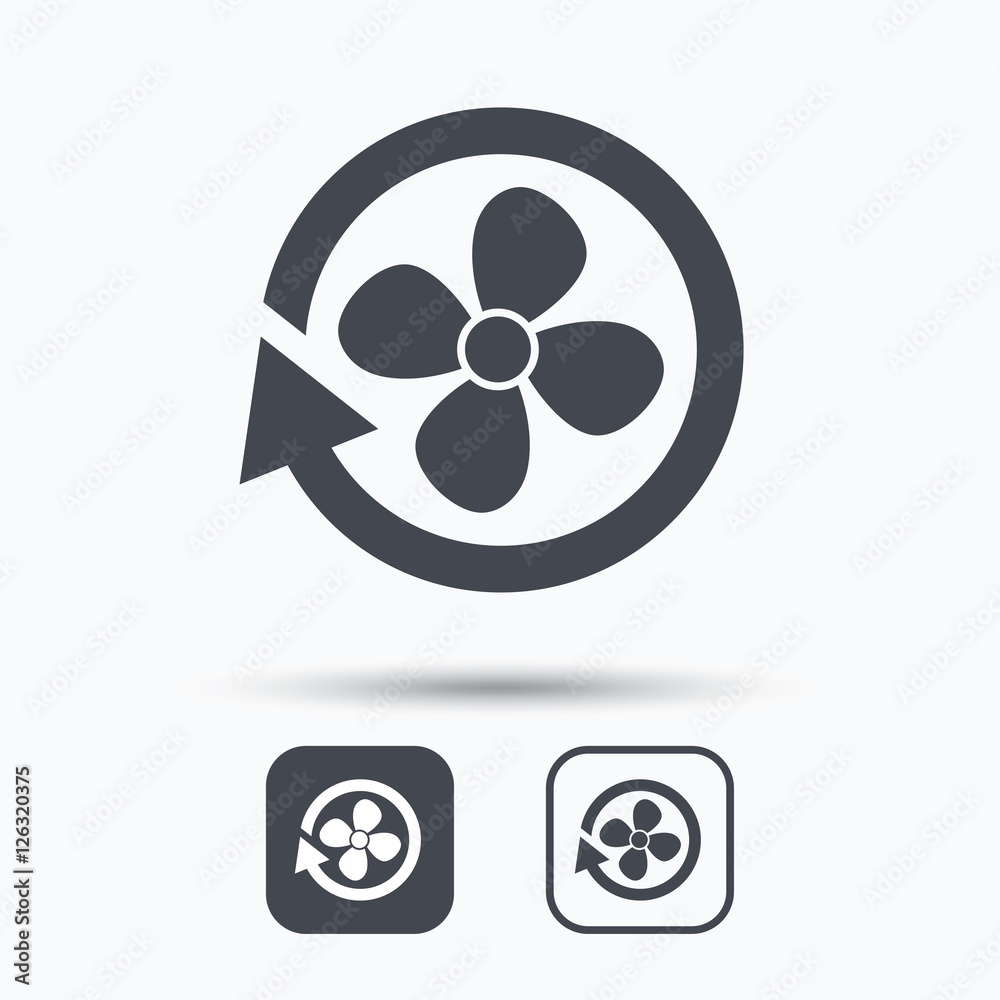 Ventilation icon. Air ventilator or fan symbol. Square buttons with flat web icon on white background. Vector Ventilation icon. Air ventilator or fan symbol. Square buttons with flat web icon on white background. Vector