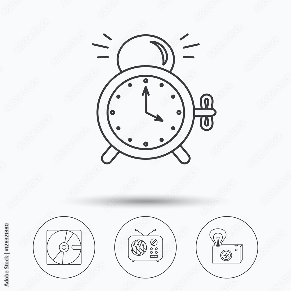 Radio, retro camera and alarm clock icons. Hard disk linear sign. Linear icons in circle buttons. Flat web symbols. Vector Radio, retro camera and alarm clock icons. Hard disk linear sign. Linear icons in circle buttons. Flat web symbols. Vector