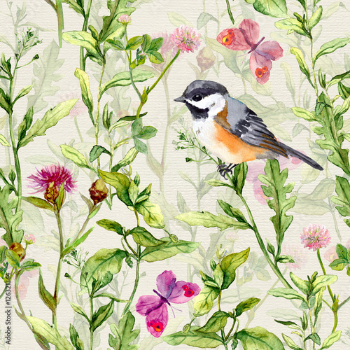 Small bird, spring meadow grass, flowers, butterflies. Repeating pattern. Watercolor