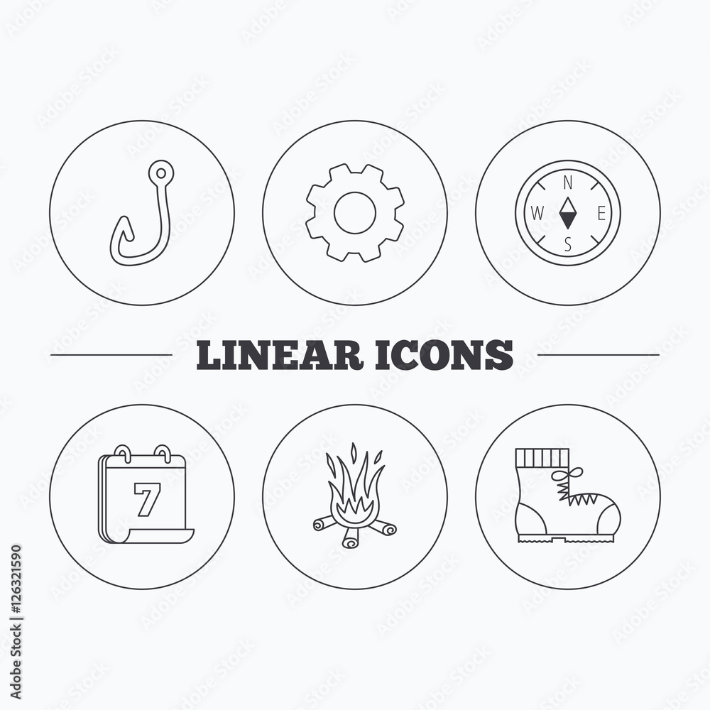 Fishing hook, compass and hiking boots icons. Bonfire linear sign. Flat cogwheel and calendar symbols. Linear icons in circle buttons. Vector Fishing hook, compass and hiking boots icons. Bonfire linear sign. Flat cogwheel and calendar symbols. Linear icons in circle buttons. Vector