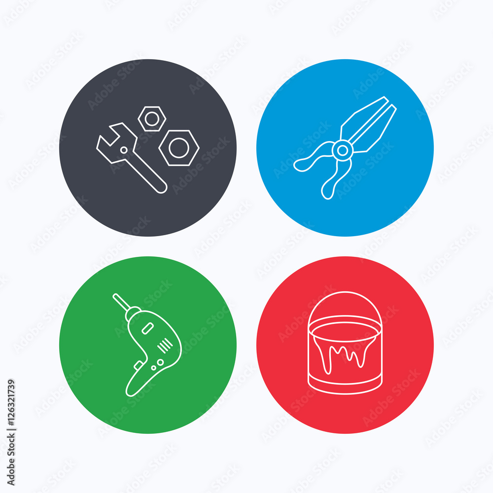 Wrench tool, pliers and drill icons. Bucket of paint linear signs. Linear icons on colored buttons. Flat web symbols. Vector Wrench tool, pliers and drill icons. Bucket of paint linear signs. Linear icons on colored buttons. Flat web symbols. Vector