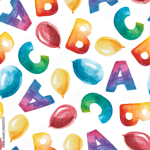 watercolor seamless pattern of letter A, B, C and baloon.