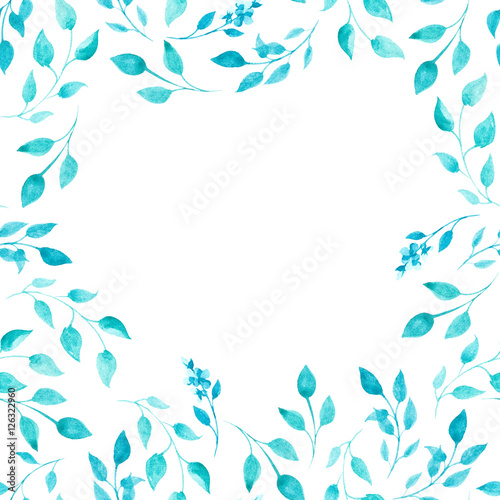 Watercolor green and blue leaves as frame