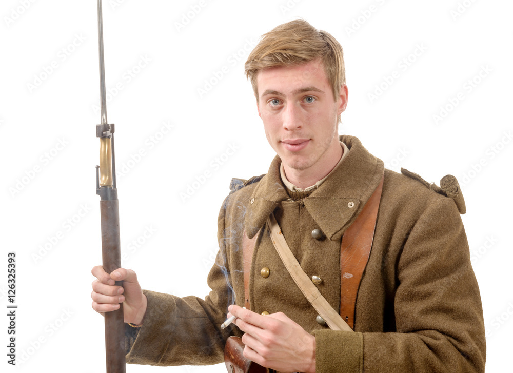 French soldier 1940s smoke a cigarette on the white background Stock ...