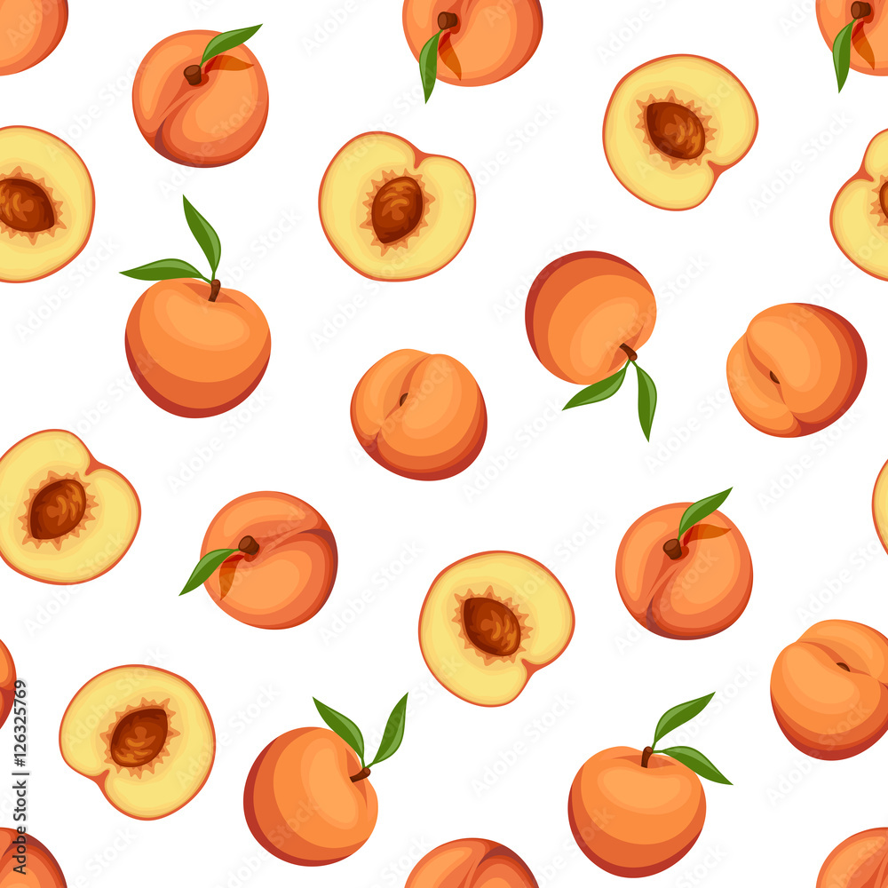 Vector seamless background with peaches on a white background.