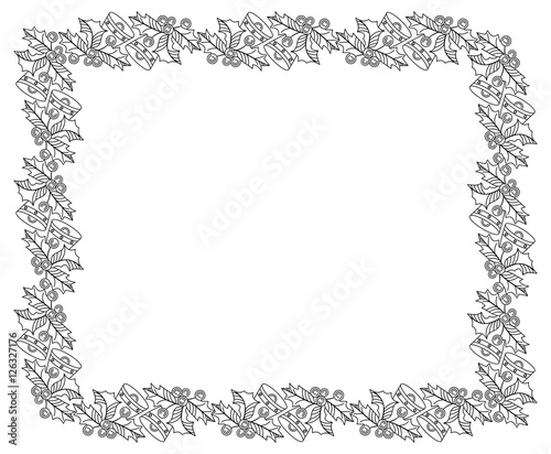Contour frame with holly berry and Christmas bells. Copy space.