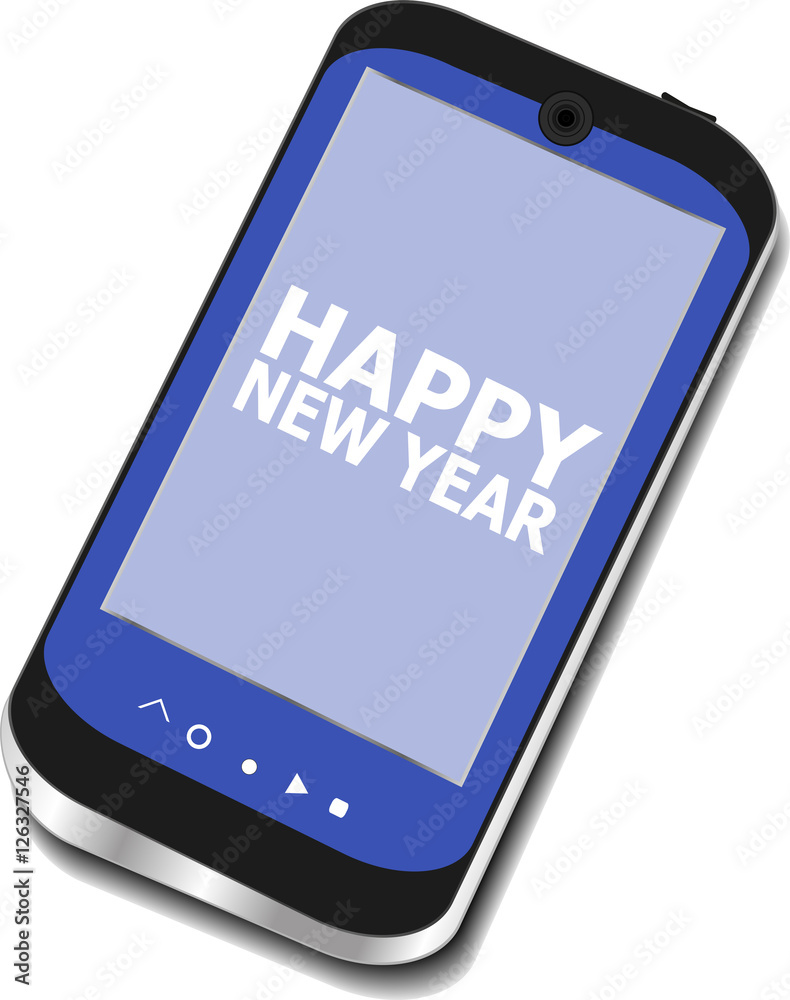 Smart phone with Happy New Year greetings on the screen, holiday card Smart phone with Happy New Year greetings on the screen, holiday card