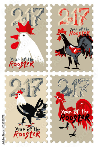 Hand drawn Roosters 2017. Set of vector themed stamps. New Year on the Chinese calendar.
