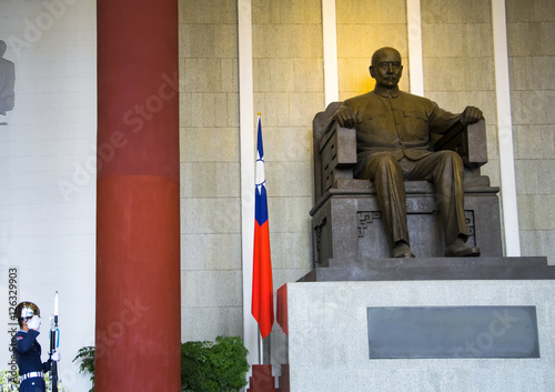 Taipei,Taiwan - April 2016: Soldier stand guard at the Chiang-kai Shek Memorial Hall in Taipei, Taiwan.