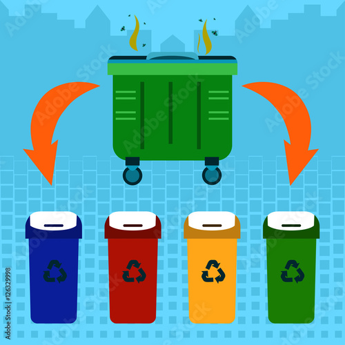 Waste sorting Vector illustration Stinky garbage container and four containers of different colors for waste sorting and recycling Flat design