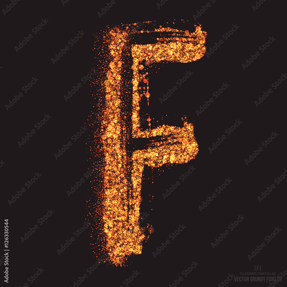 Vector grungy font 001. Letter F. Abstract bright golden shimmer glowing round particles vector background. Scatter shine tinsel light effect. Hand made grunge shape design element Vector grungy font 001. Letter F. Abstract bright golden shimmer glowing round particles vector background. Scatter shine tinsel light effect. Hand made grunge shape design element