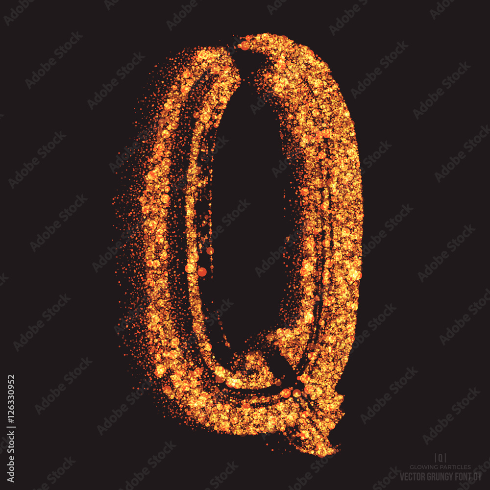 Vector grungy font 001. Letter Q. Abstract bright golden shimmer glowing round particles vector background. Scatter shine tinsel light effect. Hand made grunge shape design element