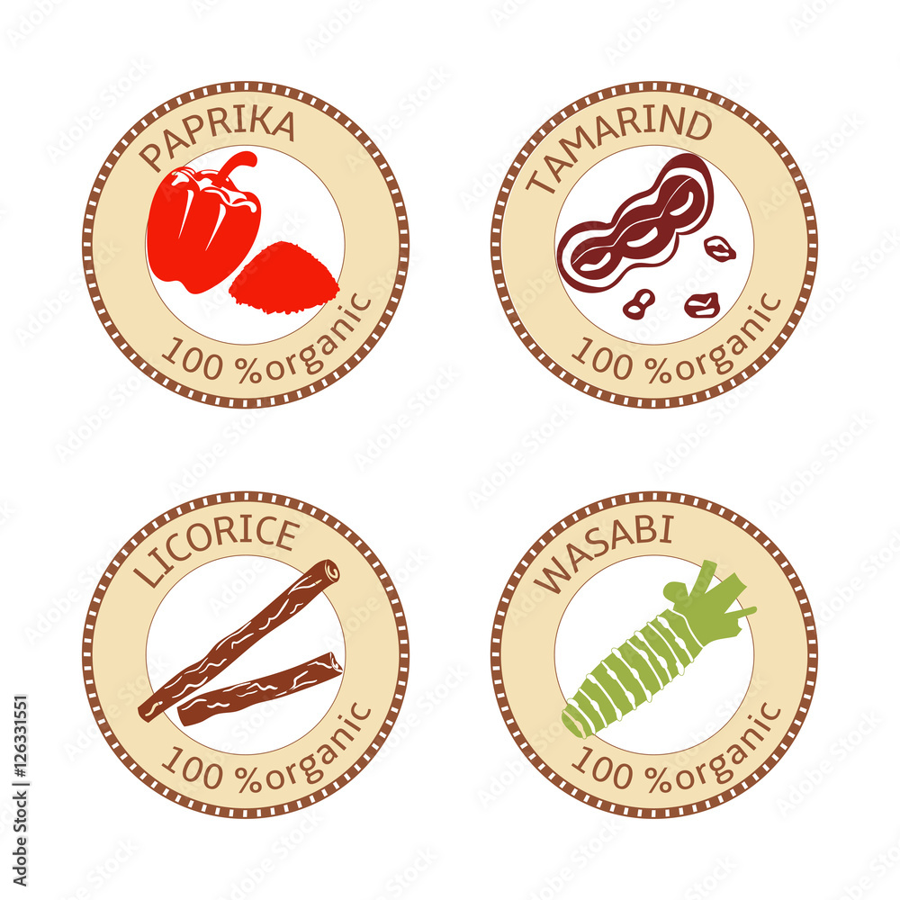 Set of spices labels. 100 organic. collection