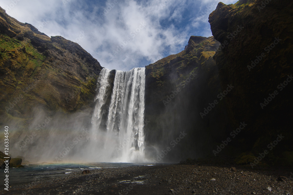 Seljalandfoss waterfall at sunset, Iceland with landscape Seljalandfoss waterfall at sunset, Iceland with landscape