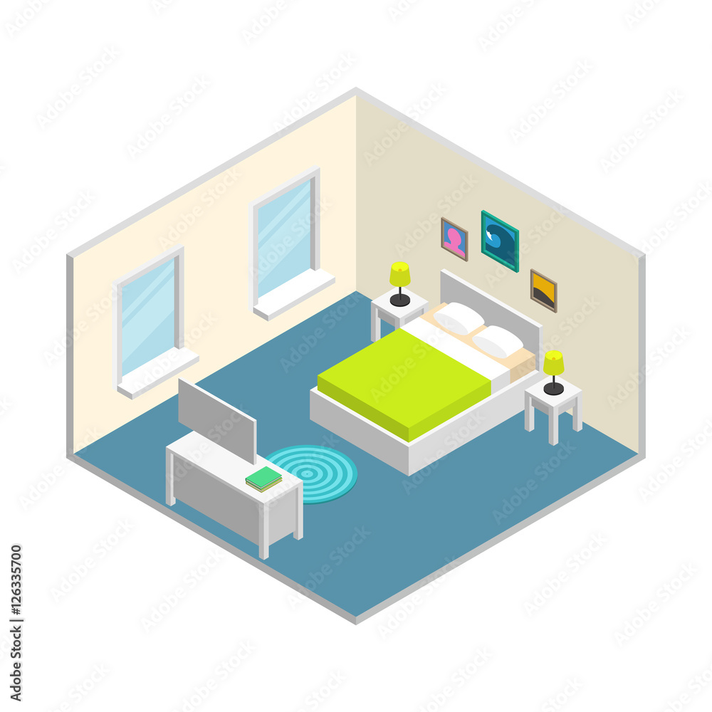 Isometric bedroom with white walls, windows and furnishings- bed, carpet, table lamps, bedside tables, chest of drawers, pictures, mirror. All objects are movable and separated. Vector illustration.