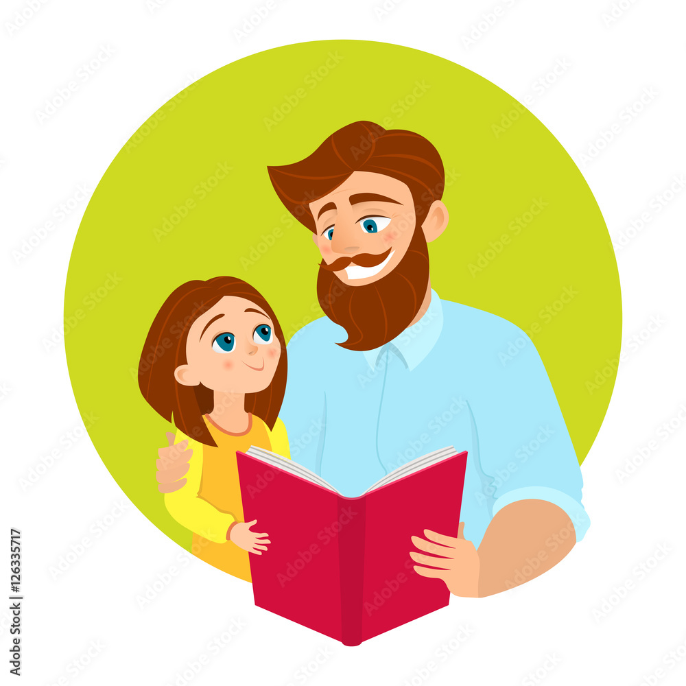 Best dad ever and daughter reading book, fathers day greeting card, happy  family, man with beard and little girl smiling together, cartoon characters  for print, invitation, banner, poster, sticker. Stock Vector |