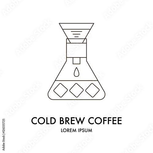 Drip brewing, filtered, pour-over, cold brew coffee collected in the flask with ice cubes, iced coffee maker, vector line icon isolated on white background, logo.