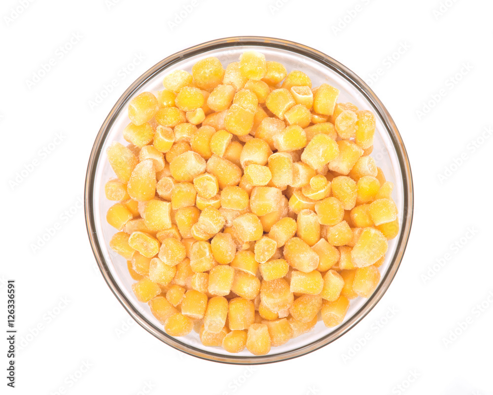 Frozen organic super sweet cut corn in bowl isolated on white background Frozen organic super sweet cut corn in bowl isolated on white background