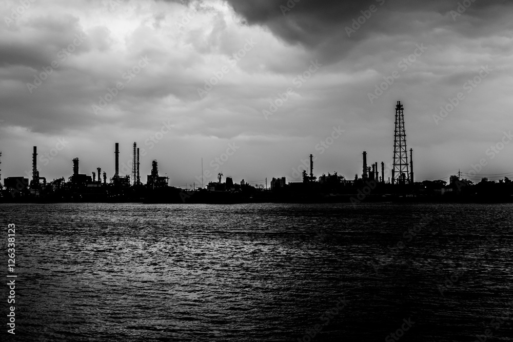 Black and white of Petroleum refineries.