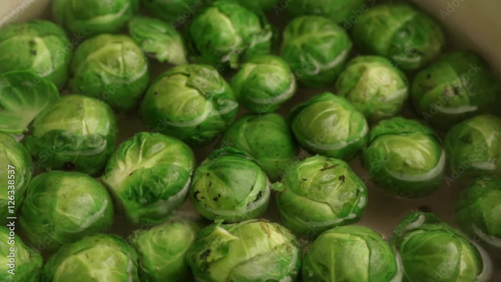 Brussels sprouts boiling in hot water; extreme close up; Brussels sprouts boiling in hot water; extreme close up;