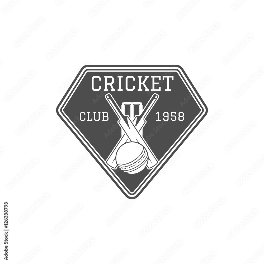 Cricket club emblem and design elements. team logo . stamp. Sports fun symbols with equipment - bats, ball. Use for web , tee or print on t-shirt. Monochrome
