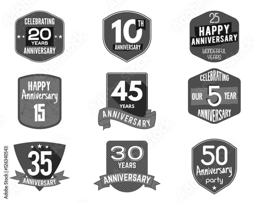 Anniversary badge set. Illustration of  signs and emblems. Flat  logo designs in   retro styles. Easy to edit  use your number, texts.  stamp vector isolated