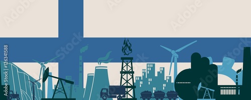 Energy and Power icons set on Finland flag backdrop. Header or footer banner. Sustainable energy generation and heavy industry. Vector illustration. Seamless background