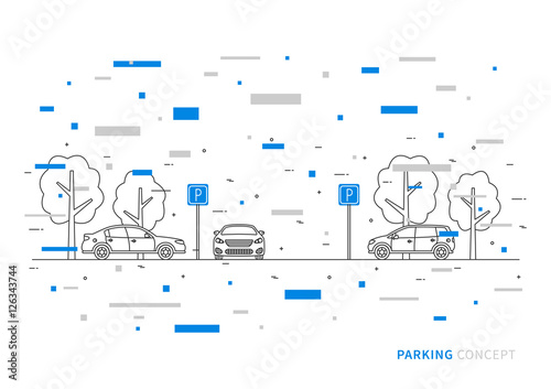 Parking vector illustration with colorful decorative elements. Parking lot creative concept. Parking zone with cars, trees and parking road signs graphic design.