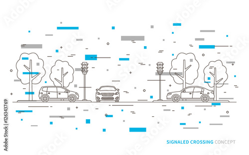 Traffic lights at the crossroad vector illustration with colorful decorative elements. Light signals with cars line art concept.