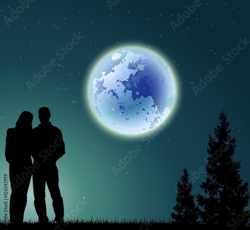 man and woman silhouette on night with pine tree silhouette and full moon background