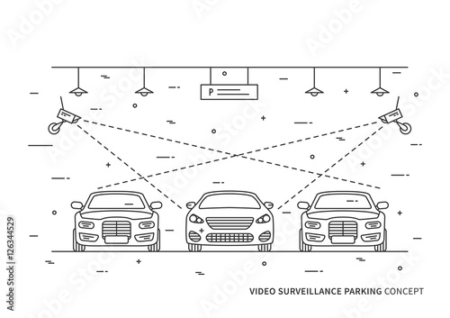 Video surveillance parking vector concept. Security camera in indoor parking lot car creative concept.