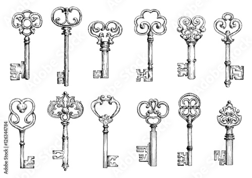 Vintage keys sketches in engraving style