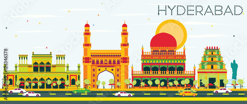 Abstract Hyderabad Skyline with Color Landmarks. photo