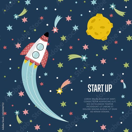 Start up cartoon banner. Spaceship with flame trace from engines, fiery comets, falling stars, moon on blue background vector illustration. For planetarium, astronomical club, childrens cafe web page