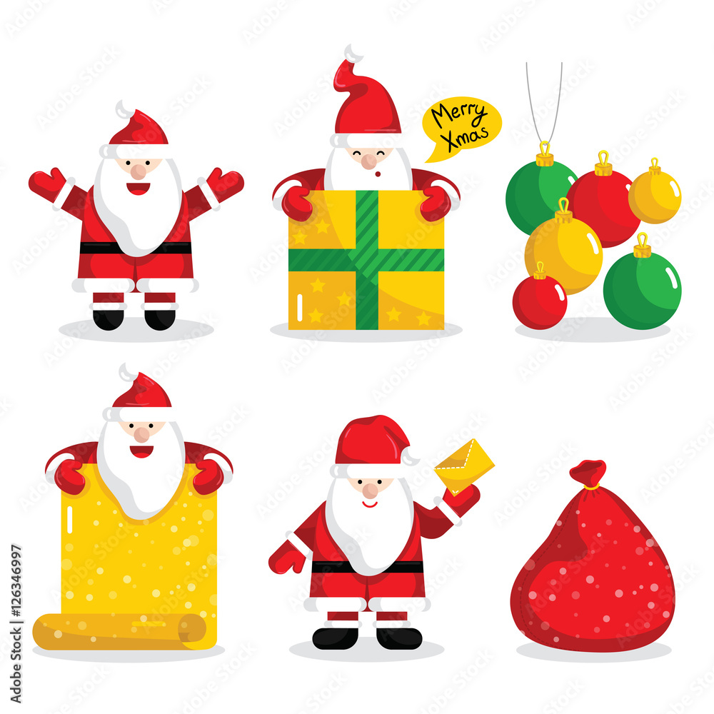 Christmas Santa Claus characters collection vector illustration. Merry Christmas and Happy New Year concept in flat design. Santa with giftbox and message in various poses. Xmas icon set. Christmas Santa Claus characters collection vector illustration. Merry Christmas and Happy New Year concept in flat design. Santa with giftbox and message in various poses. Xmas icon set.