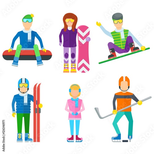 Active leisure people icons set. Winter extreme activity vector illustration. Hockey  snowboarding  skiing  ice skating. Winter holiday. People in winter sport equipment isolated on white background.
