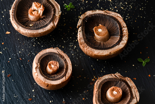 Portobello Mushrooms on Black Slate