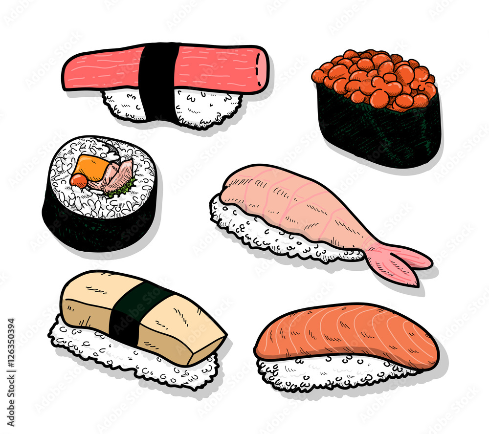 Sushi Set. A hand drawn vector illustration of Japanese sushi set, isolated  with transparent shadow backdrop. Stock Vector