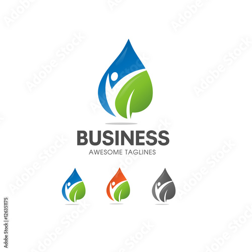 creative Organic Health Food Nutrition and Diet logo vector concept, blue water and green leaf with shape of human figure 