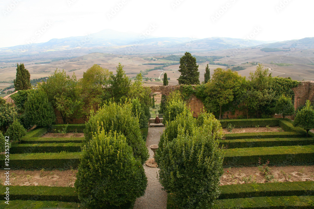 tuscan landscape of val d'orcia from Palazzo Piccolimini in Pienza, Siena, Tuscany, Italy tuscan landscape of val d'orcia from Palazzo Piccolimini in Pienza, Siena, Tuscany, Italy