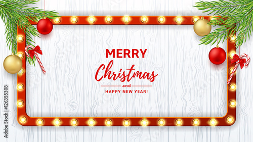 Merry Christmas or New Year web banner. Vector illustration. Xmas background with red and golden balls. Festive backdrop with fir-tree branches. Greeting card with retro frame with glowing lamps.