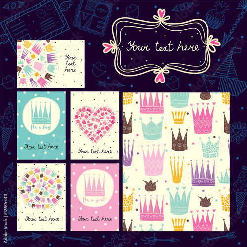 Vector set of Save the date cards, romantic invitations. Cute postcards and background.